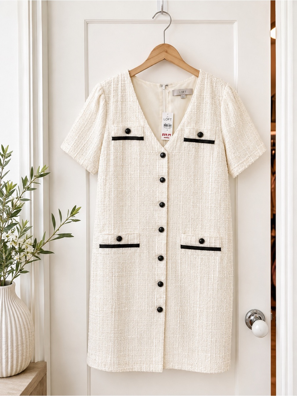 LOFT Ivory Tweed Button Front Dress Black Trim NWT Size 8